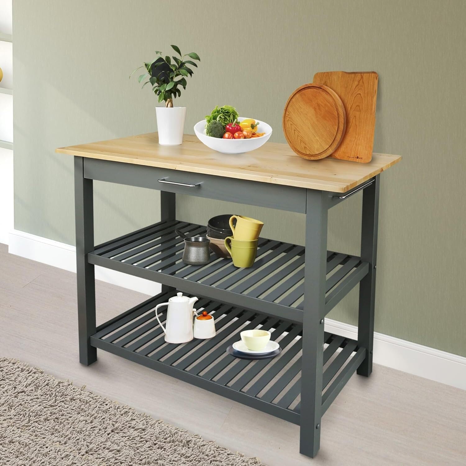 HomeStock Solid Wood Kitchen Island with Drawer & Towel Bar - Multipurpose Prep Table Grey and Natural