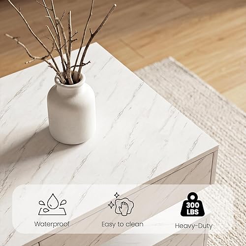 Miniatura 7 de Mesa de centro para sala de estar, mesa de centro moderna con 2 cajones de almacenamiento, mesa central de 2 niveles de madera con luces LED de 20