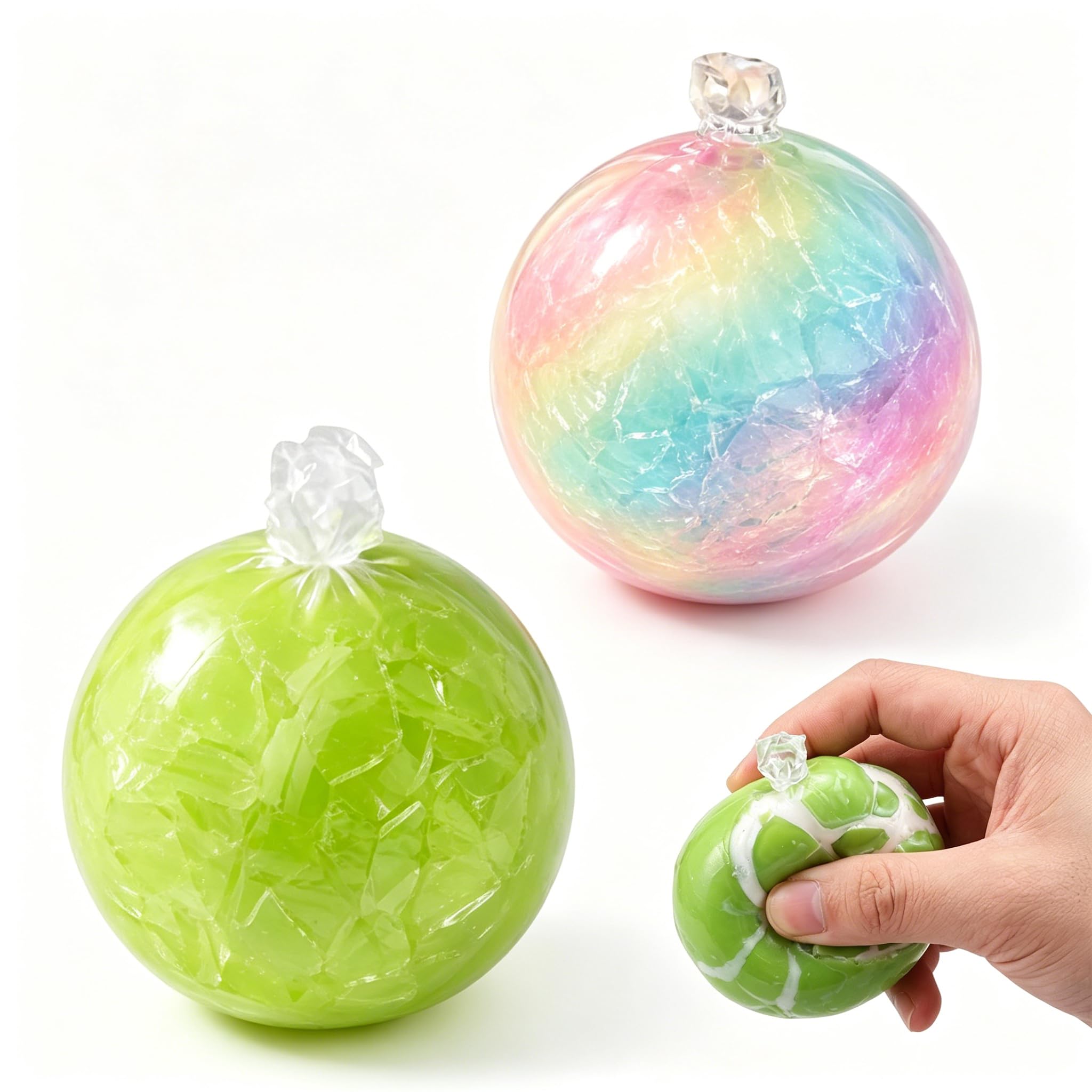 2 PCS Wax Cracking Squishy, Crunchy Wax Squeeze Balls, 6cm Slow Rebound Crisp Sound Stress Relief Pieces, Rainbow Gradient & Green for Adult Desk Relaxation