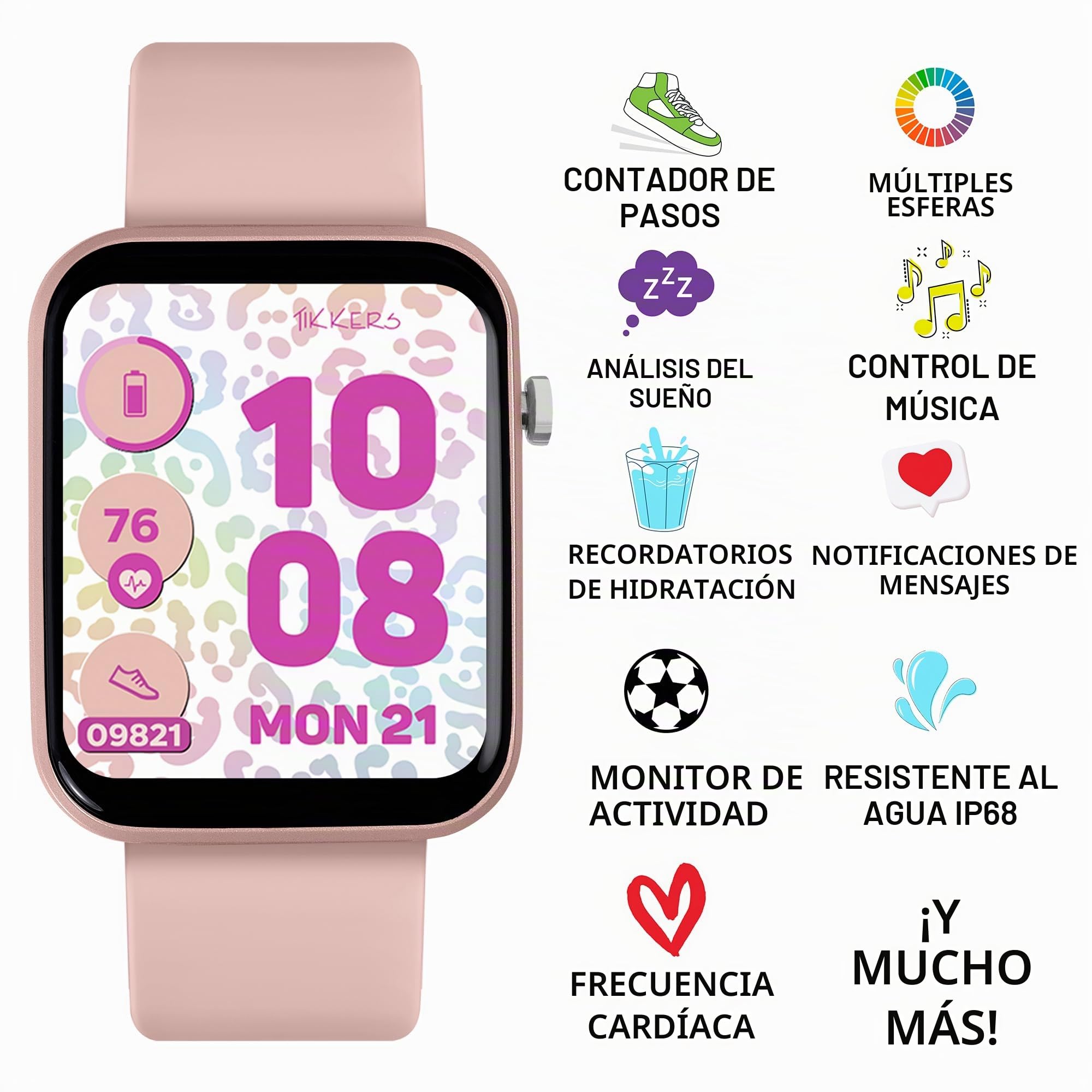 Tikkers Smart Series 13 - Juego de Reloj Inteligente y Auriculares con Correa de Silicona Rosa TKS13-0031-SET
