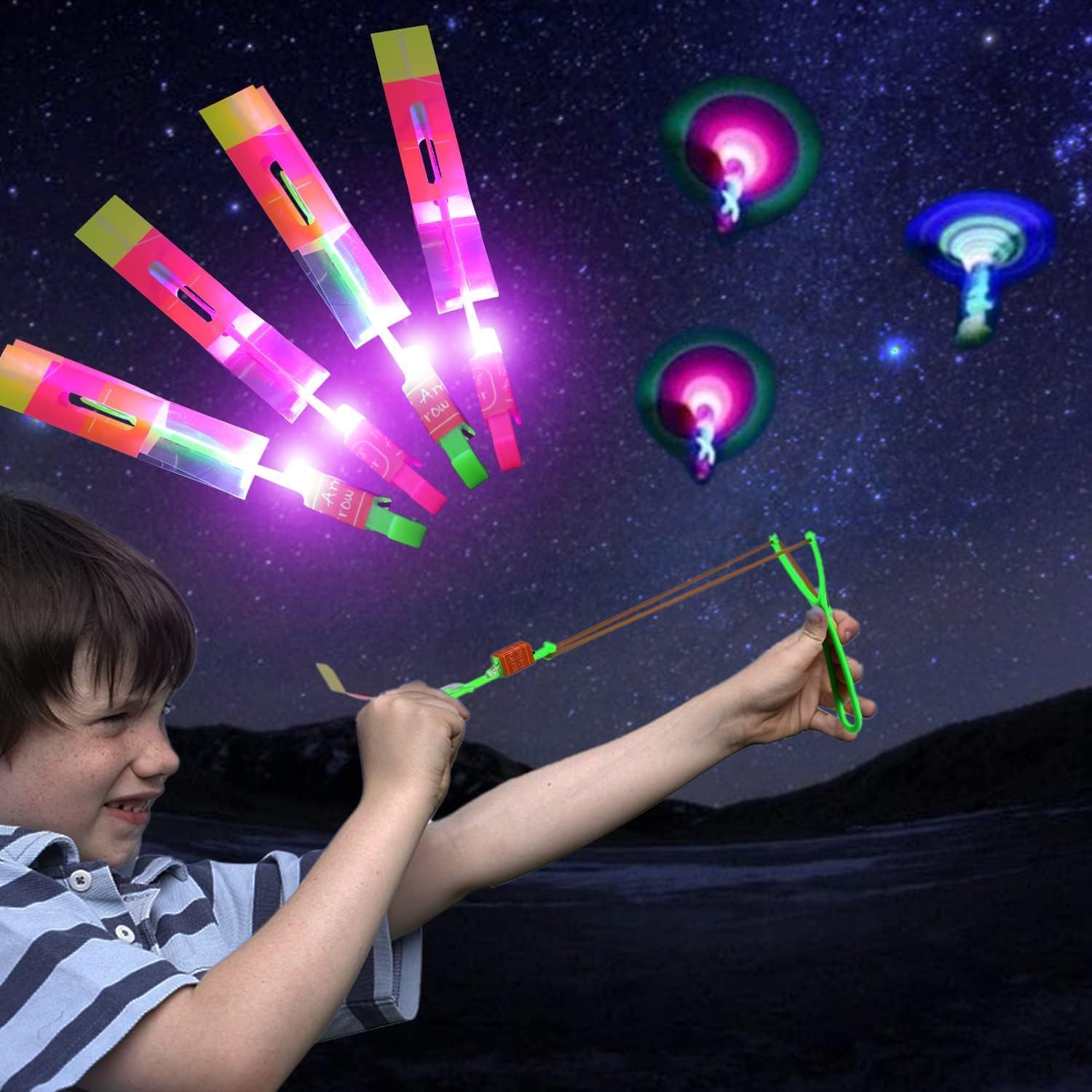 Suloli 12PCS Slingshot Toy Arrow Rocket Shooters, Helicopter Copters - Outdoor Gifts for Christmas Day Party Bag Fillers