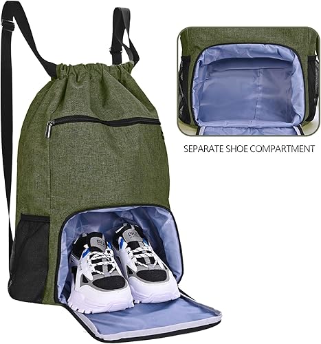 Miniatura 3 de Mochila con cordón con bolsillo para ropa húmeda y compartimento para zapatos, resistente al agua, para deportes, gimnasio, natación, bolsa para