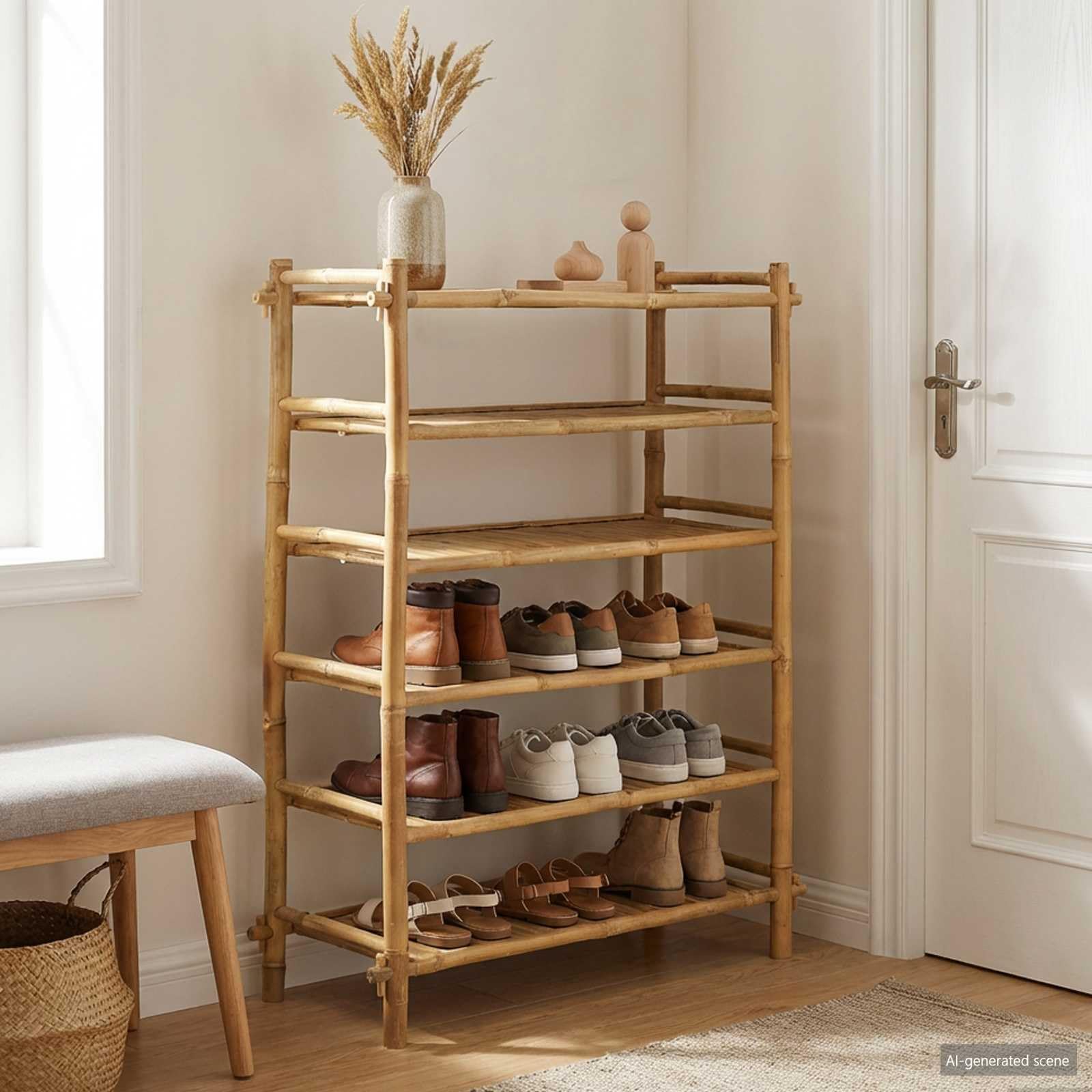 Zapatero de bambú natural con estantes de 6 niveles, 86 x 35 x 115 cm, ahorra espacio, para pasillo, pasillo, salón, para guardar zapatillas y botas con estilo