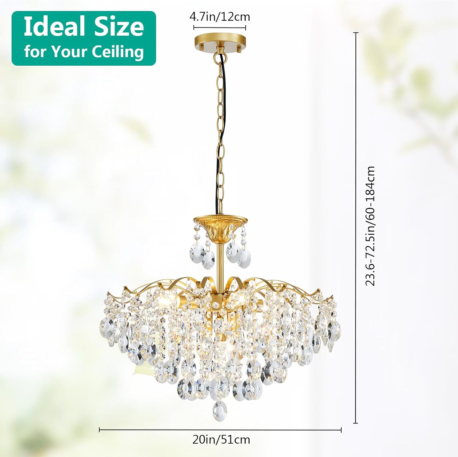 6-Light Gold K9 Crystal Tree Branch Chandelier, Modern Design for Dining Room, Pendant Lighting Fixure for Kitchen, Living Room, Bedroom, E12 Socket, D20inch *H 23.6~60inch (Adjustable)
