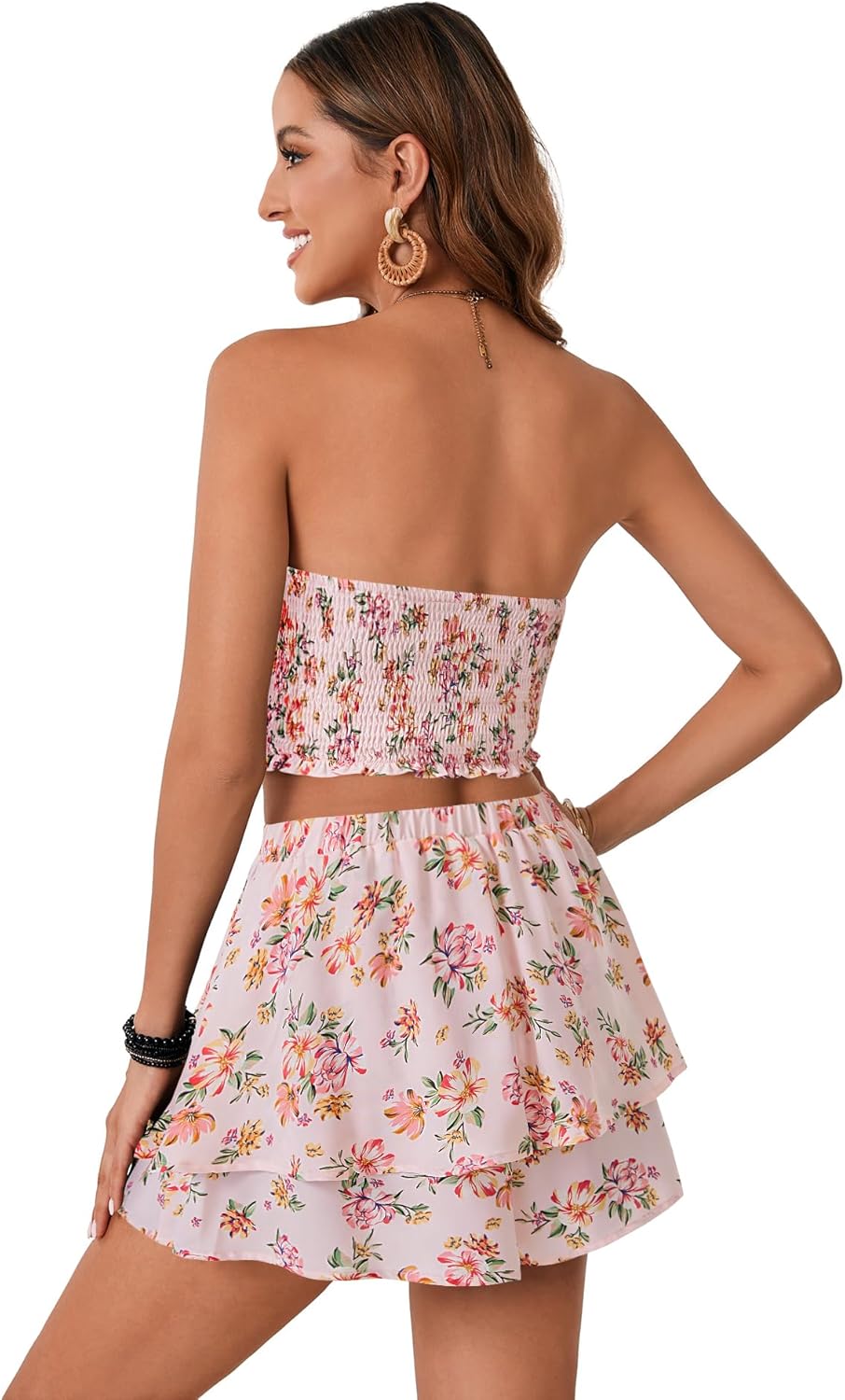 LYANER Women's 2 Piece Summer Outfits Boho Flora Print Crop Top Sleeveless Shirred Tube Top and Shorts Sets - Image 5