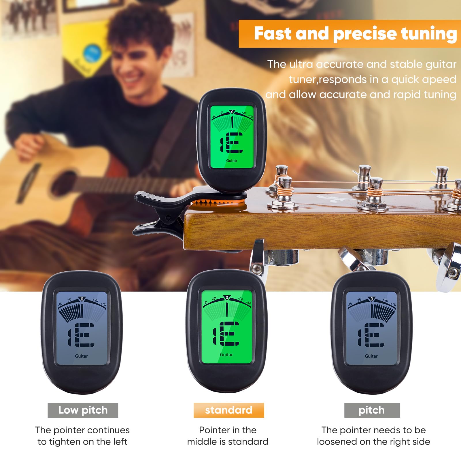 Moom Paquete de 2 cejillas y afinador de guitarra acústica de 6 cuerdas de liberación rápida para guitarras eléctricas, bajo, ukelele, cejillas dobles sin zumbidos con 4 púas de primera calidad