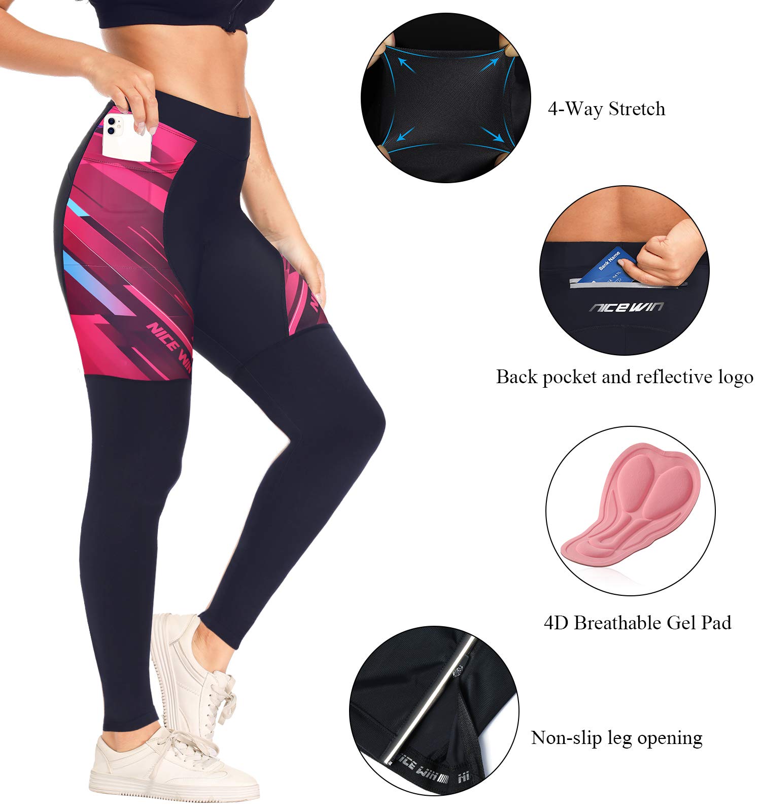 NICEWIN Pantalones de Ciclismo para Mujer, Acolchados, Largos, con Asiento Acolchado, 4D, térmicos, Largos, Transpirables, de Secado rápido, elásticos, para Ciclismo