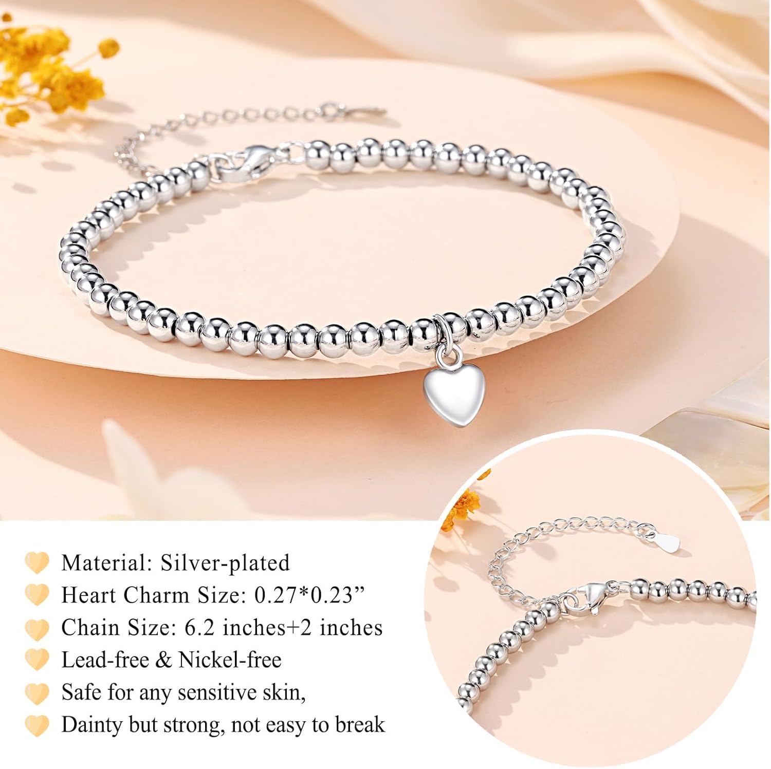 UNGENT THEM Silver Heart Charm Bracelet for Sister, Best Friends, Bestie, Daughter, Granddaughter, Niece, Birthday Christmas Valentines Day Gifts for Women - Image 3