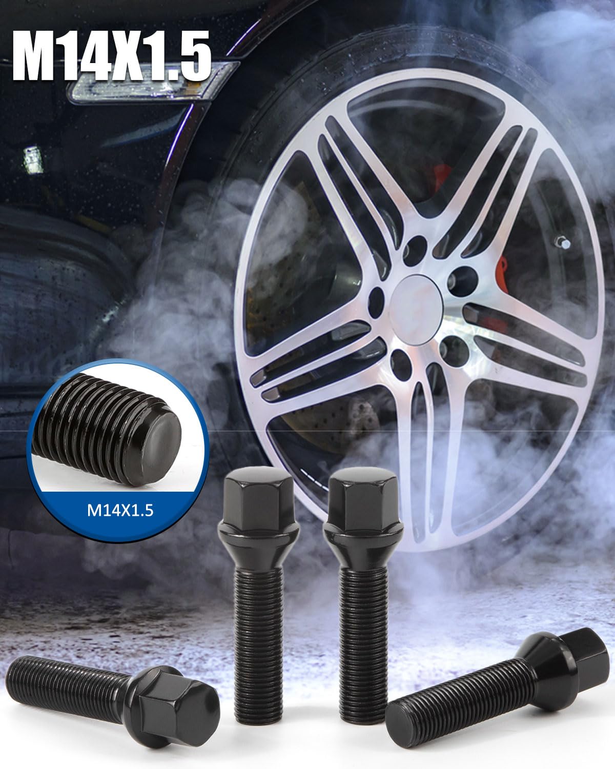 GAsupply Bulloni con gambo da 40 mm, 14 x 1,5, 20 perni conici neri alti 61 mm per distanziali delle ruote, esagonali da 17 mm, lunghezza filettatura 40 mm esteso bullone mozzo ruota