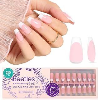 Beetles French Tip Press On Nails - 210 Pcs Pink Short Coffin Press On Nails 4 in 1 Nail Tips Gel Nail, No Need to File Tips Pre-Applied Primer and Base Coat, Reusable Fake Nails for Nail Art