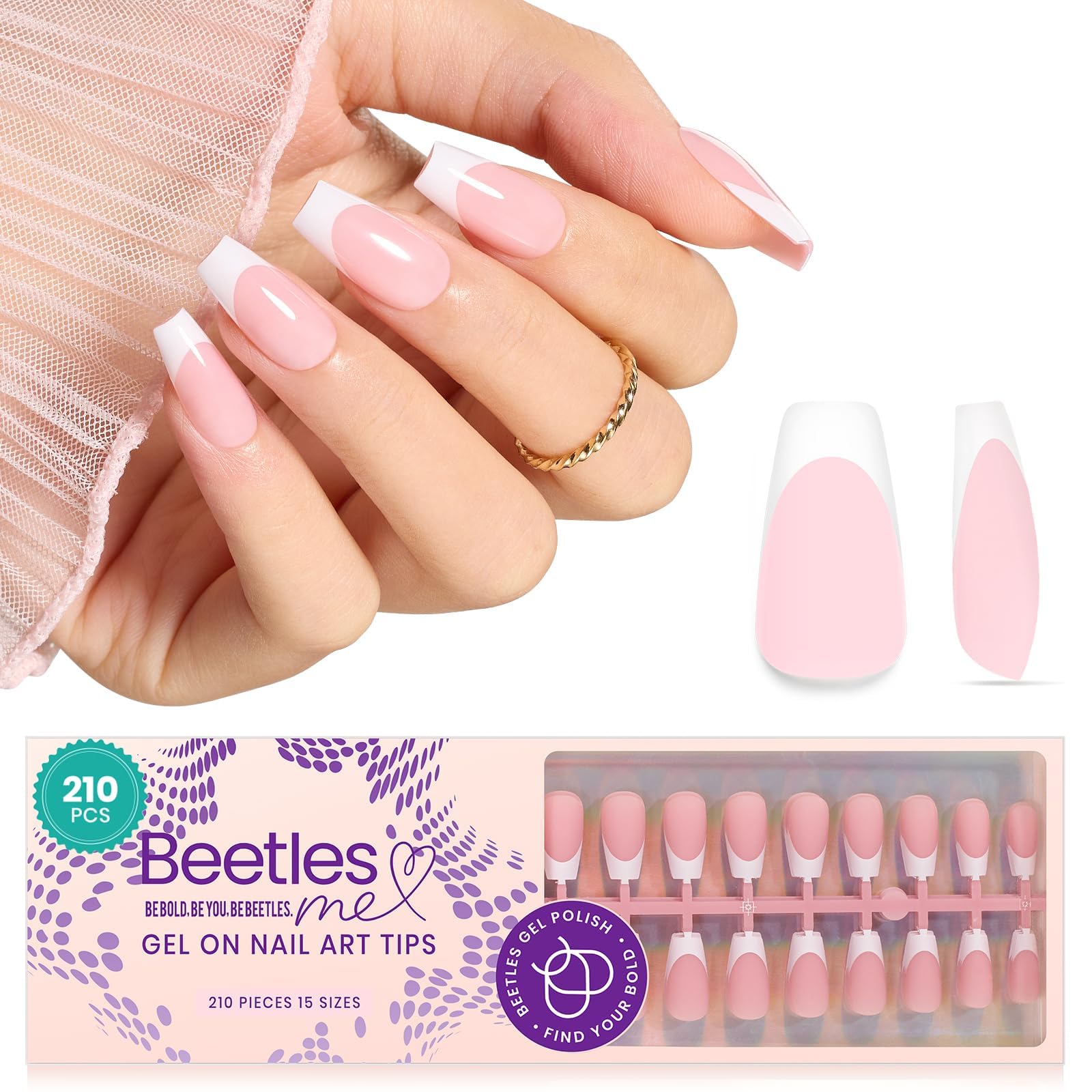 Beetles French Tip Press On Nails - 210 Pcs Pink Short Coffin Press On Nails 4 in 1 Nail Tips Gel Nail, No Need to File Tips Pre-Applied Primer and Base Coat, Reusable Fake Nails for Nail Art