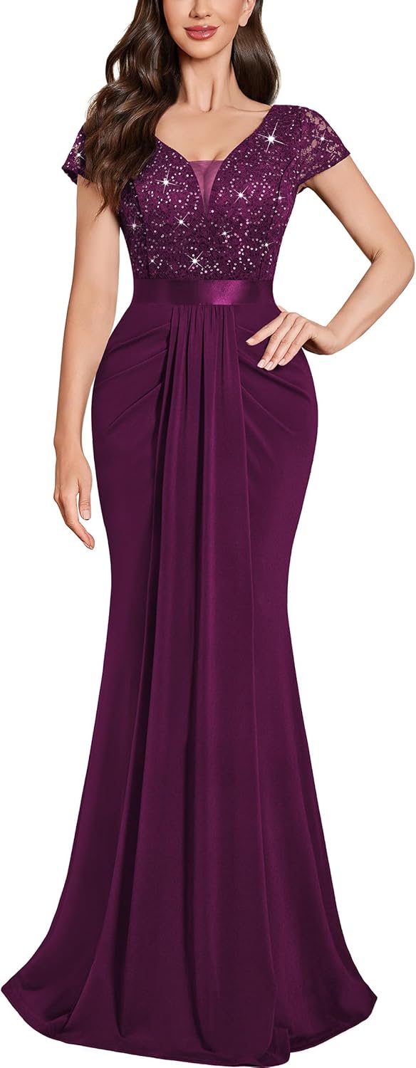 Miusol Women's Deep V-Neck Elegant Lace Sequin Pleated Evening Formal Maxi Dress