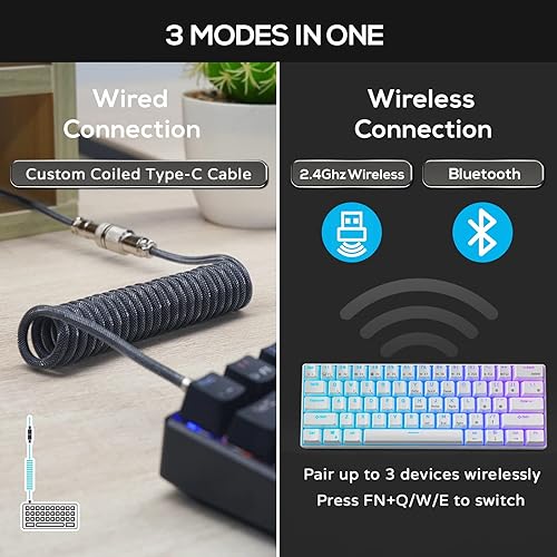 Miniatura 4 de RK Royal Kludge Teclado mecánico RK61 60%, cable en espiral, 2.4 GHzBluetoothcable, Bluetooth, 61 teclas, inalámbrico, RGB, cambio de tecla marrón