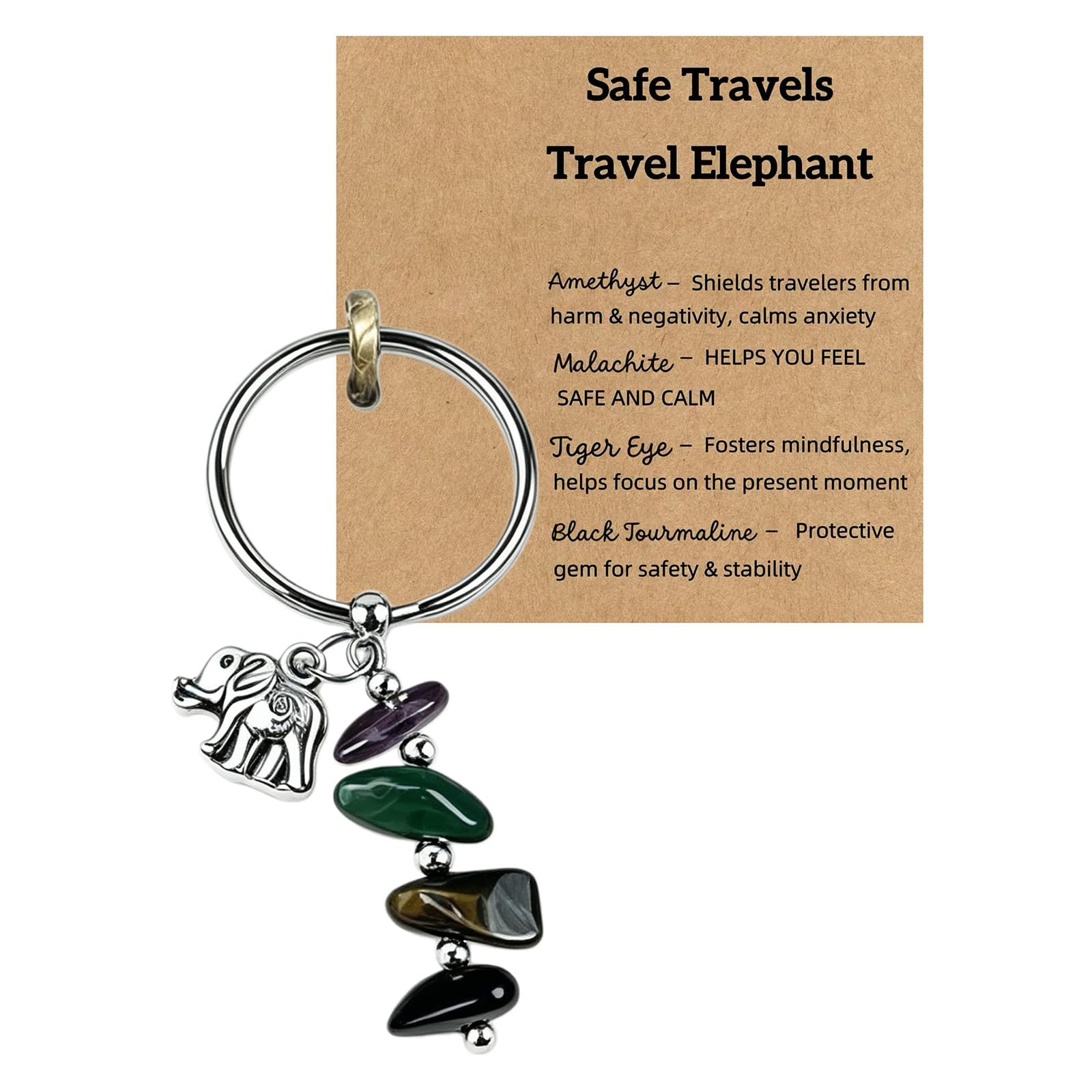 AIKOBAA Crystal Gifts for Women – Malachite Travel Elephant Keychain with Amethyst, Tiger Eye & Tourmaline, Safe Travels Gift for Travellers, Unique Square Card 8x8cm