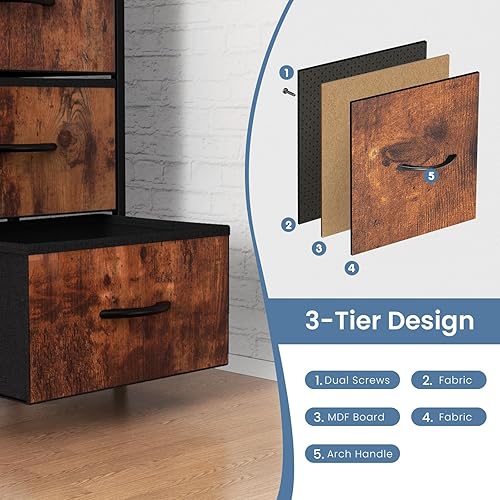 Vista 200 de DUMOS Cómoda para dormitorio, 4 cajones, organizador de cofres altos de tela, muebles de torre con marco de metal superior de madera para sala