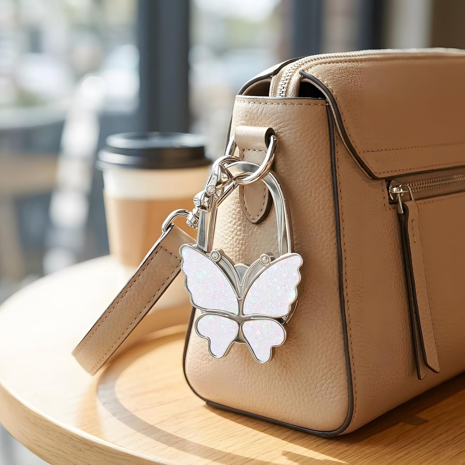 2PCS Foldable Handbag Hanger, Butterfly & Four Leaf Clover Purse Hook for Table, Portable Bag Holder with Anti-Slip Base, Cute Desk Hook for Restaurant Office Travel Gift(white＋pink,Butterfly)