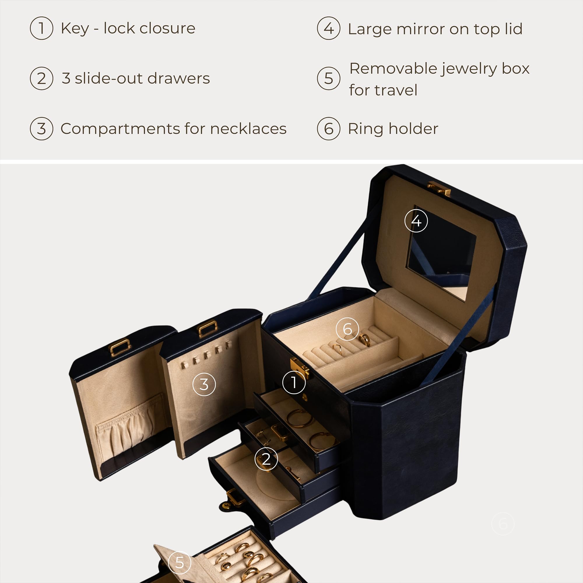 Time Resistance Leder Schmuckkästchen - Marineblaue Schmuckaufbewahrung - Schmuck Verstauen - Schmuckkasten mit Spiegel - Schmuck Organizer mit Vielen Fächern - Jewelry Box