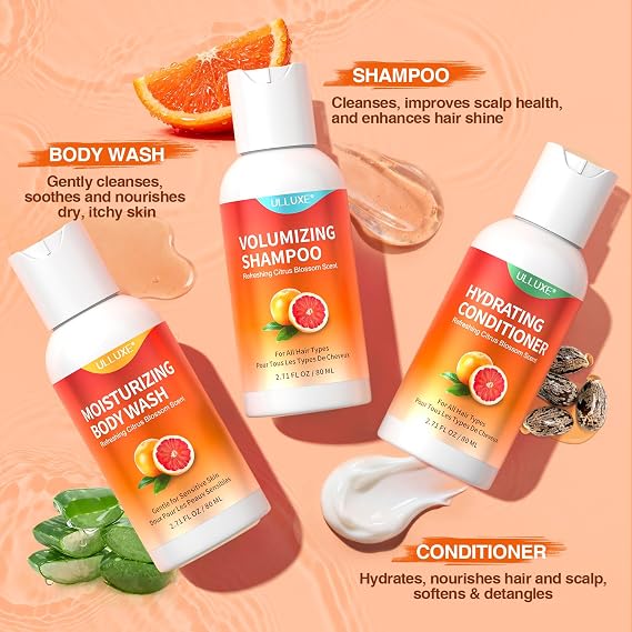 Travel Size Shampoo Conditioner and Body Wash Set, Hair Care & Body Care Trio Gift Set for Trip, Camping, Outdoor, Hotel & Gyms, Gentle For Baby, TSA Friendly Essentials, 2.71 Oz Ea