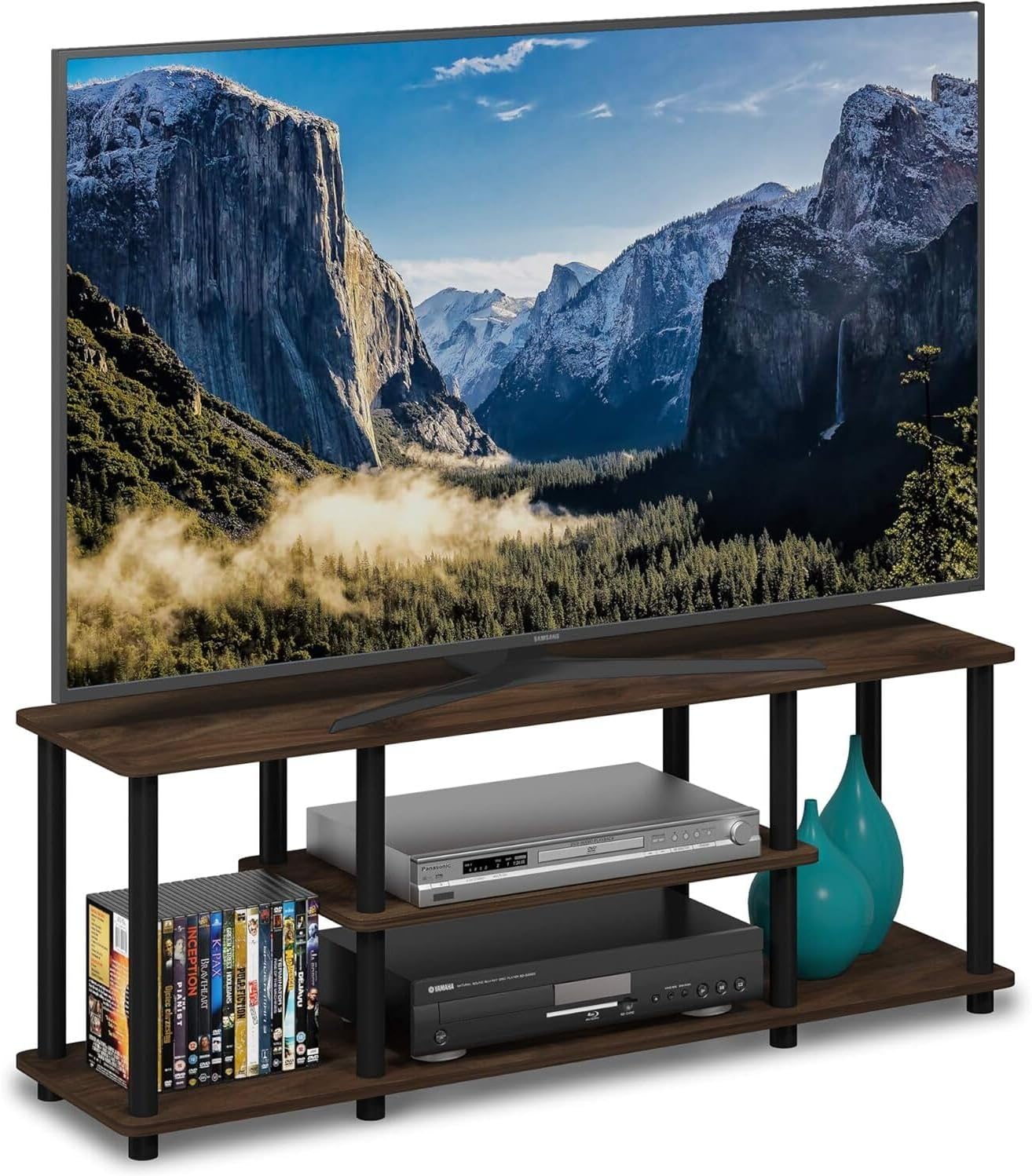 Homestock Artisanal Artistry Tiered Elevated Tv Stand - Innovative Wooden TV Stand With Elevated Design, No Tools Required For Assembly, Perfect For Modern Living Rooms 3 Tier/Columbier Walnut and Bla