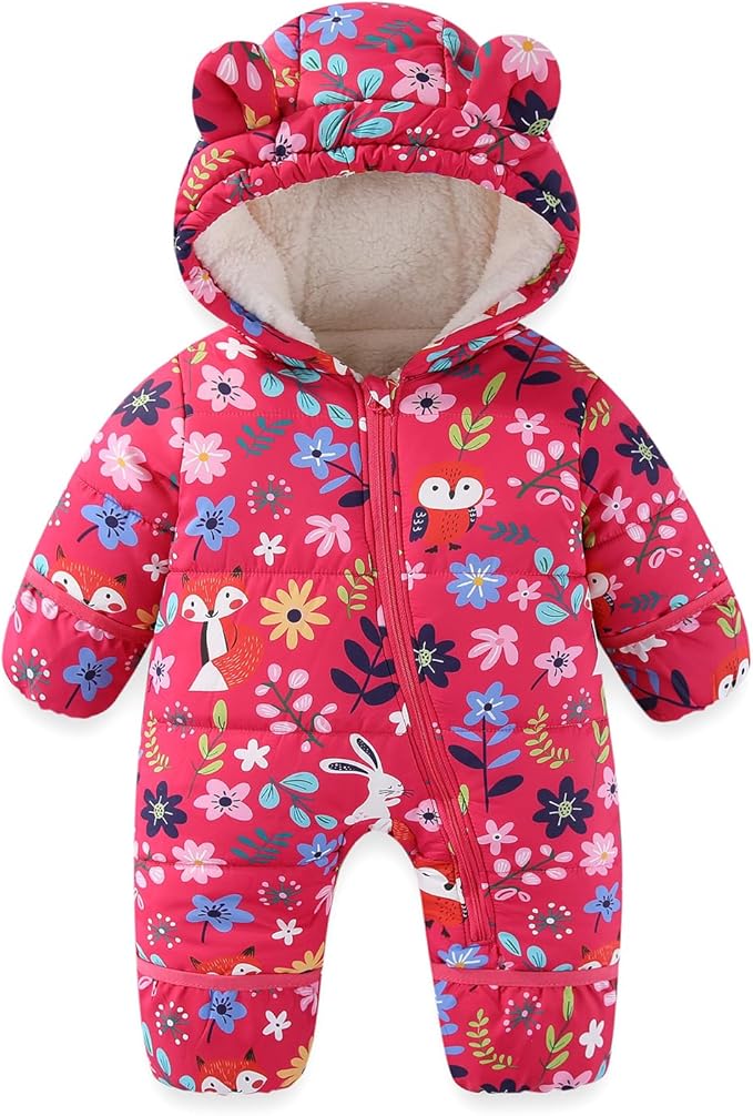 JiAmy Baby Snowsuit Baby Printed Winter Clothes With Flod-Over Girl Boy Hooded Outfits Jumpsuit Coat