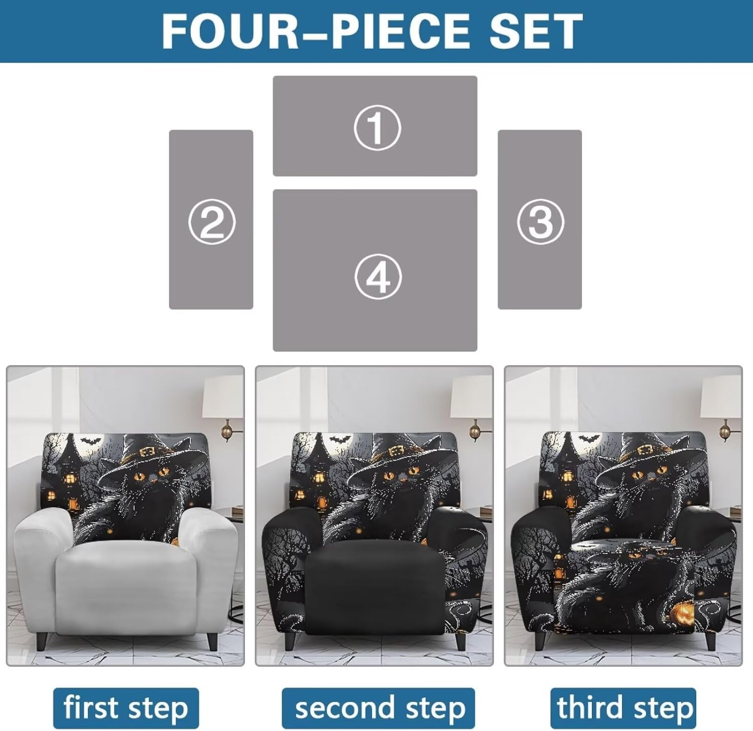 Halloween Lazy Boy Recliner Chair Cover 4 Piece Black Cat Couch Slipcover Non Slip Chair Protector Washable Stretch Covers for Sofa for Living Room