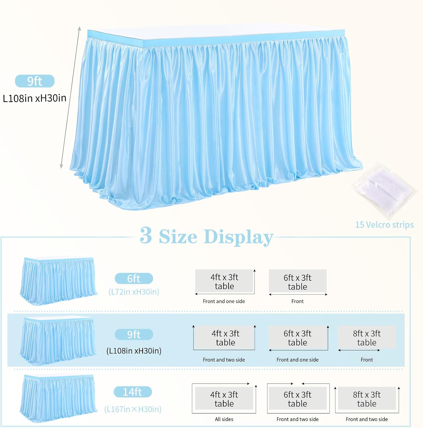 QueenDream Blue Table Skirts for Rectangle Tables 9ft Fitted Polyester Table Cloth for Wedding Birthday Party Baby Shower Dessert Table Decorations