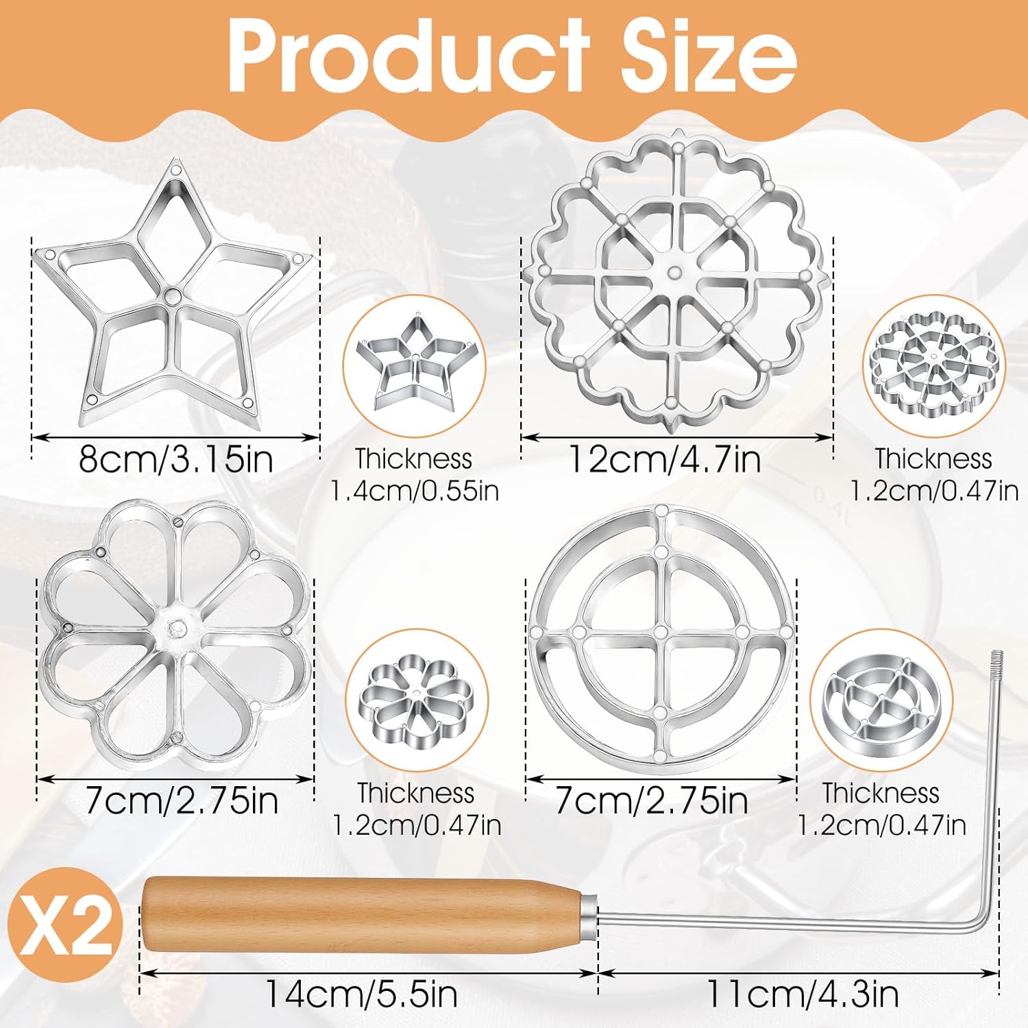 6 Pcs Rosette Iron Bunuelos makers with Handle Rosette Iron with 4 Interchangeable Heads Cookie Bunuelos Tool Aluminum Waffle makers Star Flower Circle for Kitchen Baking Cooking