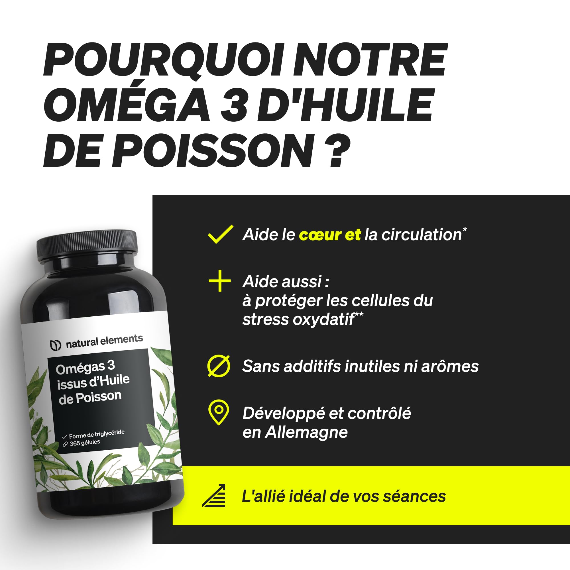 Omega 3 Huile de Poisson 2000mg – 365 Oméga 3 Gélules Hautement Dosées – Huile à Haute Concentration en EPA 360mg & DHA 240mg – Testé en Laboratoire et 100% Pur