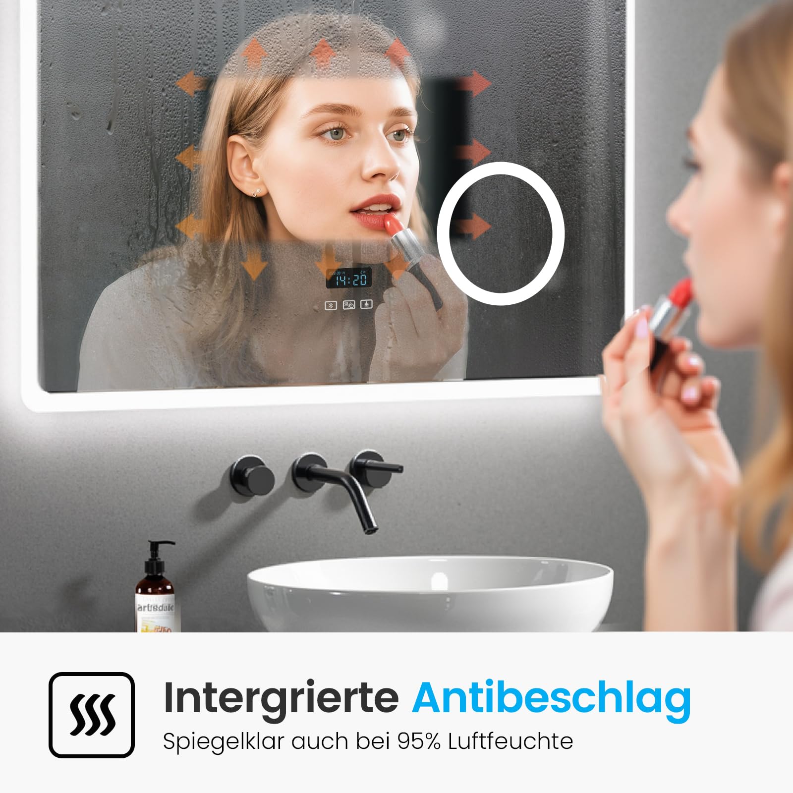 Heilmetz Bluetooth Badspiegel mit Beleuchtung 80x60cm, LED Badezimmerspiegel mit Licht, Uhr, 3 Lichtfarben Dimmbar, Antibeschlag, 3X Vergrößerung, Wandspiegel mit Beleuchtung, Energiesparend