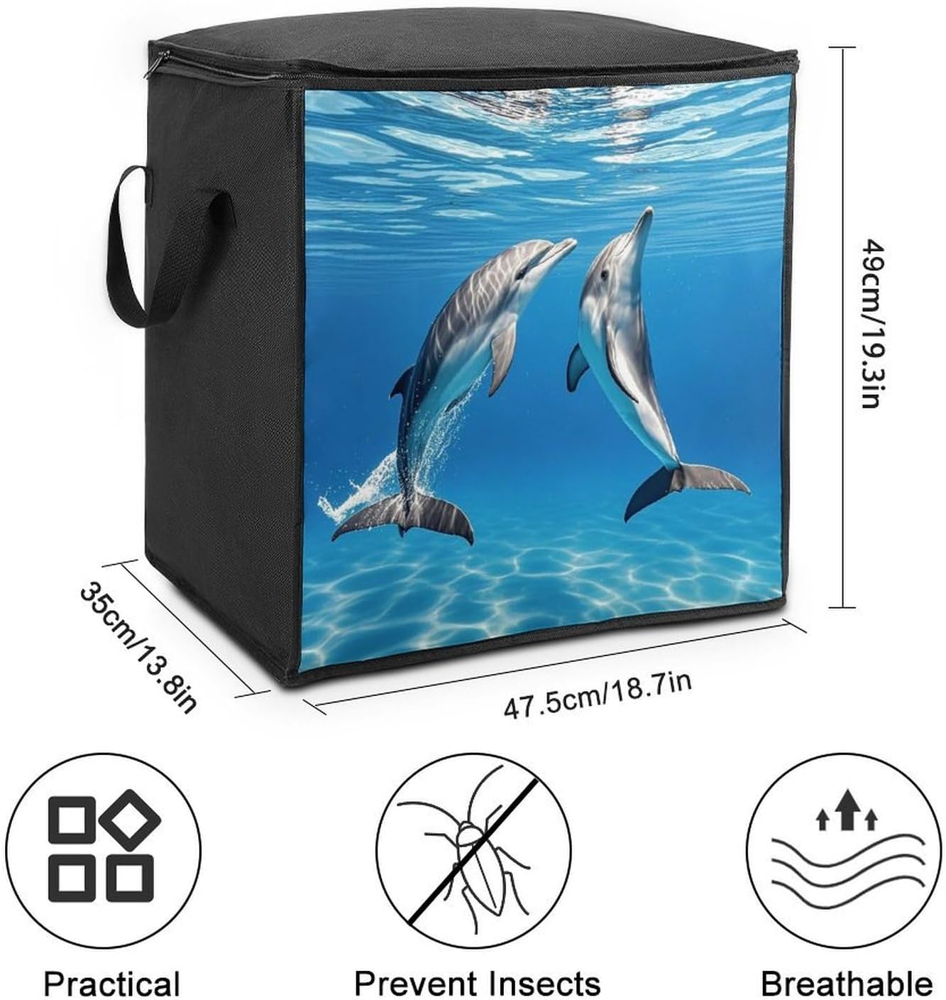 Large Two Dolphins Storage Bags with Handle Foldable Closet Organizers Clothes Storage Bins Bedding Storage Containers Fabric Moving Bags Blanket Comforter Storage Bag 70L