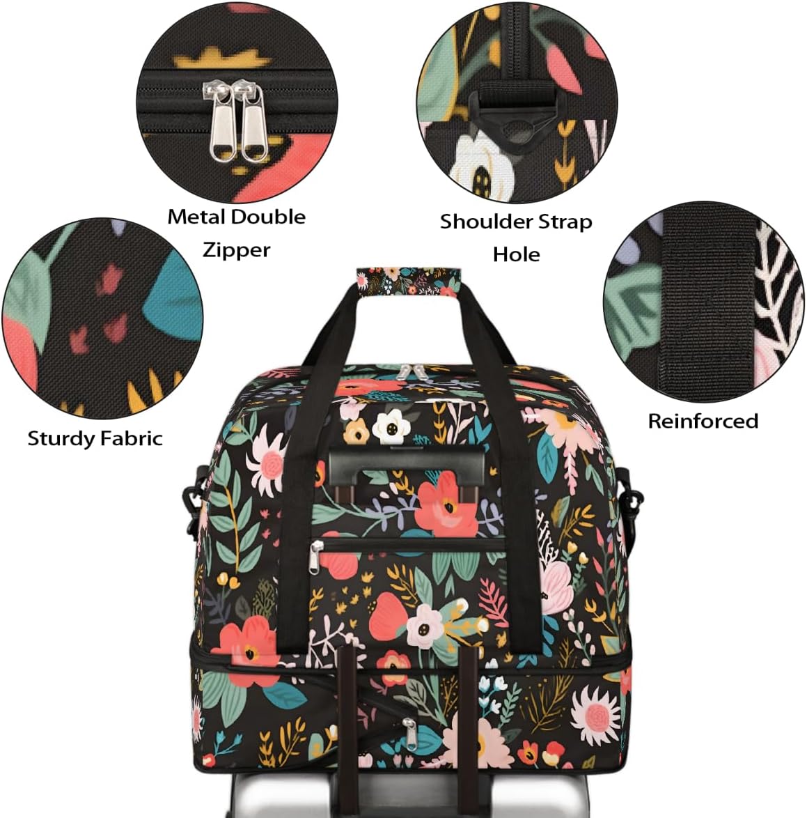 Foldable Carry On Bag for Travel, Expandable Duffle Bag with Shoe Compartment, Colorful Flowers Pattern Lightweight Sports Gym Tote with Trolley Sleeve
