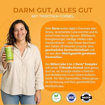 BitterLiebe - 3-in-1 intestinal complex - intestinal treatment powder with 9 g fibre and 6 billion intestinal bacteria - build intestinal flora intestinal health * - L glutamine acacia fibre inulin