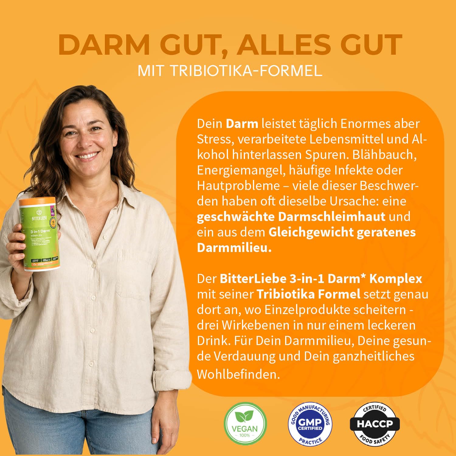 BitterLiebe - 3in1 Darm Komplex - Darmkur Pulver mit 9g Ballaststoffe & 6 Mrd. Darmbakterien - Darmflora aufbauen *, Darmgesundheit * - L Glutamin, Akazienfaser, Inulin und Verdauungsenzyme