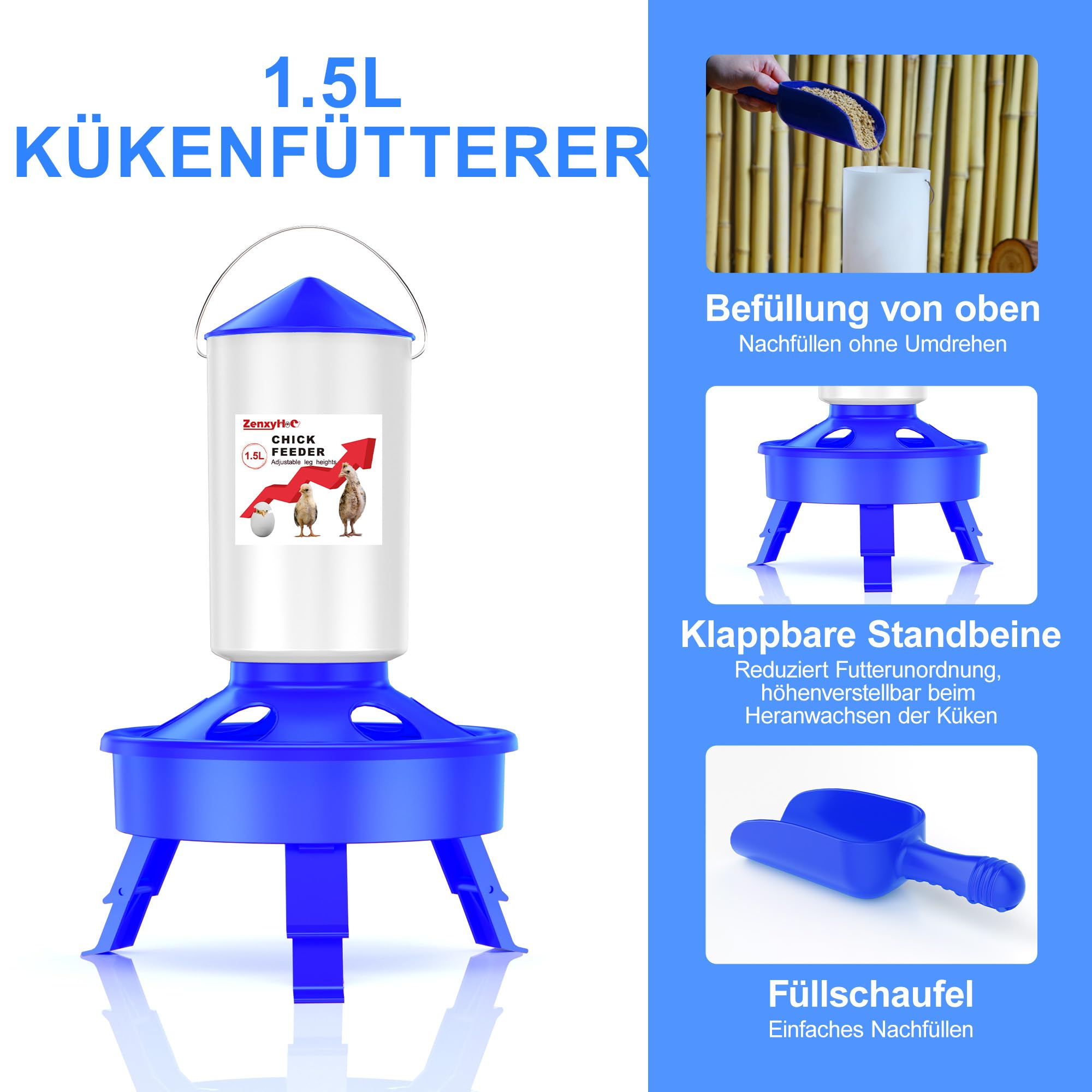 ZenxyHoC Küken Futterautomat und Tränke Set, 1,5 L Hühner Futterautomat und 1,5 L Hühnertränke mit 3 Höhenverstellbaren Höhen für Hühnchen, Blau | Füllung von oben, inklusive Schaufel, 3 verstellbare Höhen, Haken und Anti-Ertrinken-Design. Aus BPA-freiem