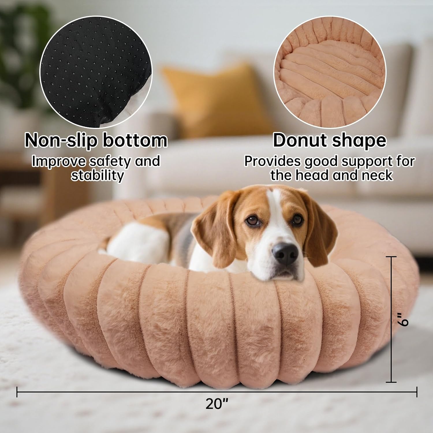 Donut Dog and Cat Bed, Luxurious Comfortable Faux Rabbit Fur Pet Beds, Soft Anti-Anxiety Calming Puppy Kitten Bed with Anti-Slip Bottom for Small Medium Dogs & Cats(20", Brown)