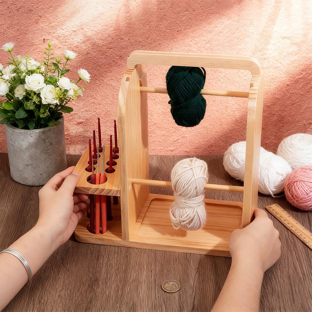 PH PandaHall Yarn Holder Wood Yarn Storage Organizer Yarns Skein Spinner Sewing Thread Organizer Yarns Ball Holder with Needle Storage and Phone Stand for Crocheting Accessories Knitting Lovers Gift