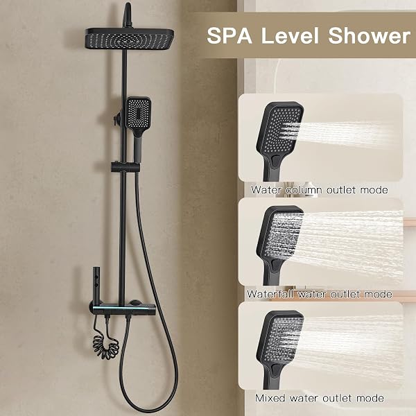 Colonne de Douche Titane avec Tête Carrée DEWINNER,Colonne de Douche 4 Modes et Hauteur Réglable75-110CM, Affichage LED,Tête de Douche, Jet, Robinet et Pommeau de Douche (Noir) - 4