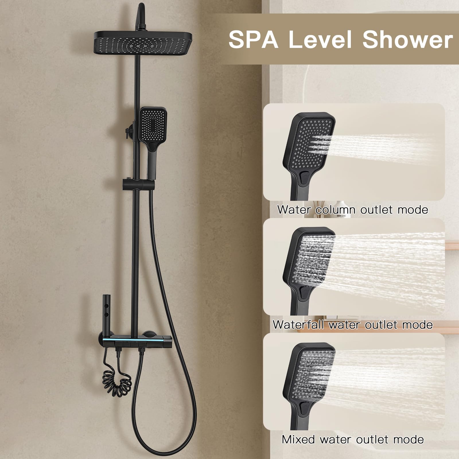 Colonne de Douche Titane avec Tête Carrée DEWINNER,Colonne de Douche 4 Modes et Hauteur Réglable75-110CM, Affichage LED,Tête de Douche, Jet, Robinet et Pommeau de Douche (Noir)