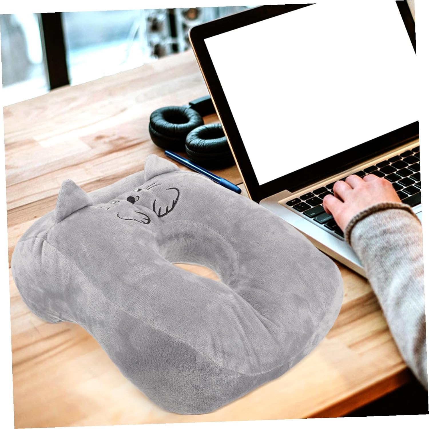 Ergonomic Stuffed Office Nap Pillow with Cartoon Design Portable Face Down Sleeping Cushion for Comfortable Office Napping and Soft Gray Cat Nap Cushion Gift