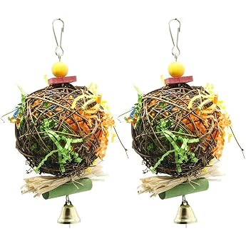 Pack of 2 Bird Chew Toy Natural Rattan Ball with Paper Strips Foraging Shredder Toy Parrot Cage Hanging Bell Toy for Parrot Budgie