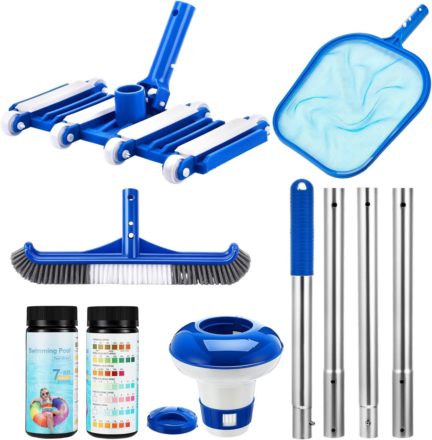 Potchen 6 Pcs Pool Cleaning Kit Include Vacuum Head, Skimmer Net, Brush Head, Telescoping Pole, Pool Chlorine Floater, and Test Strips for Above Ground Pools Hot Tubs Maintenance Tools(Classic Vac)