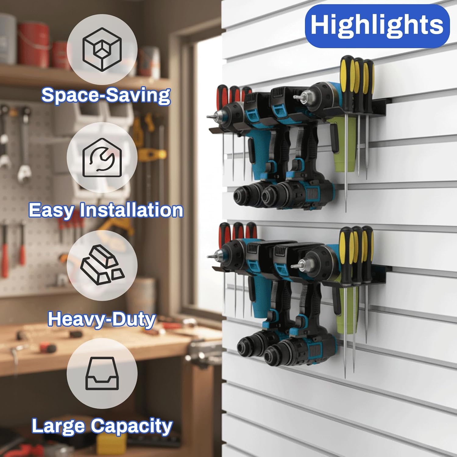 Slatwall Power Tool Organizer 2 Pack, Cordless Tool Organizer with 8 Drill Holder, Heavy Duty Slat Wall Accessories Max Loads 40Lbs for Garage, Workshop