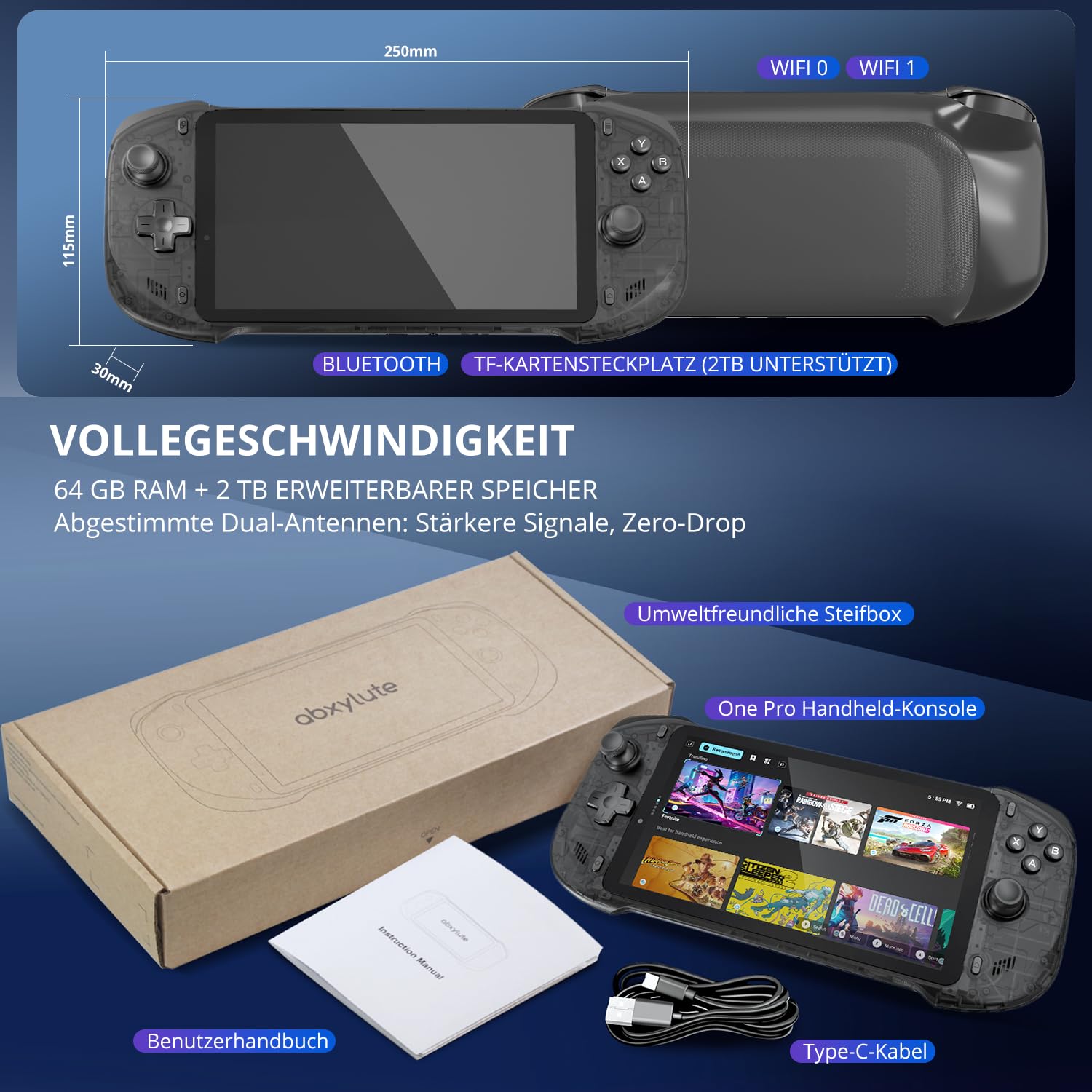 OnePro Cloud Handheld Tragbare Remote-Play-Gaming-Konsole, für Xbox Cloud Gaming, NVIDIA GeForce NOW, PlayStation, PC, lange Akkulaufzeit, 7" 1080P Touchscreen, leichtes Retro-Handheld-Spielgerät – 64