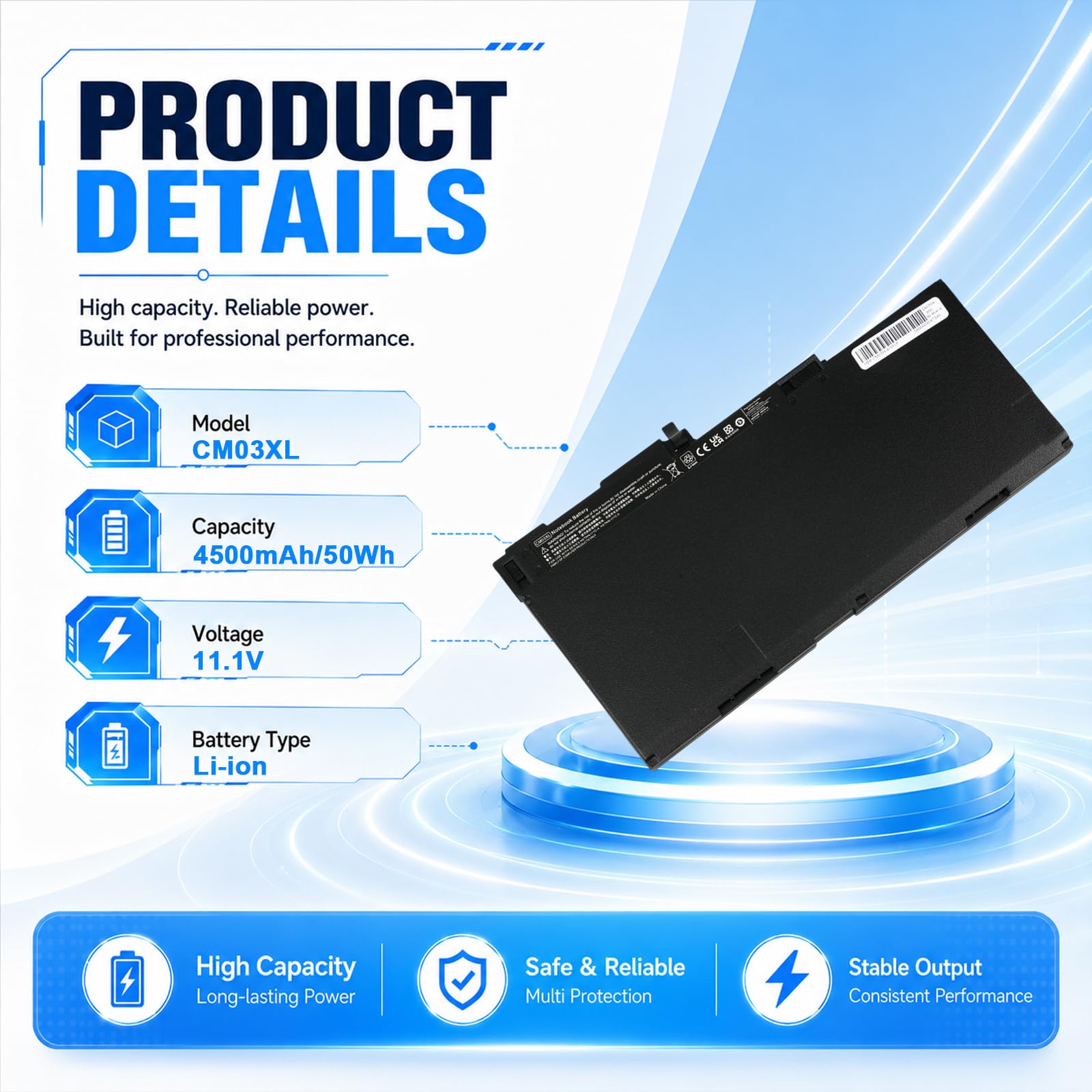 CM03XL 717376-001 Batería de portátil Compatible con HP 840 845 850 855 740 745 750 755 G1 G2 ZBook 14 G2 15u Series HSTNN-LB4R 716723-271 CO06 CO06 XL [ 11 1 V/4500 mAh]