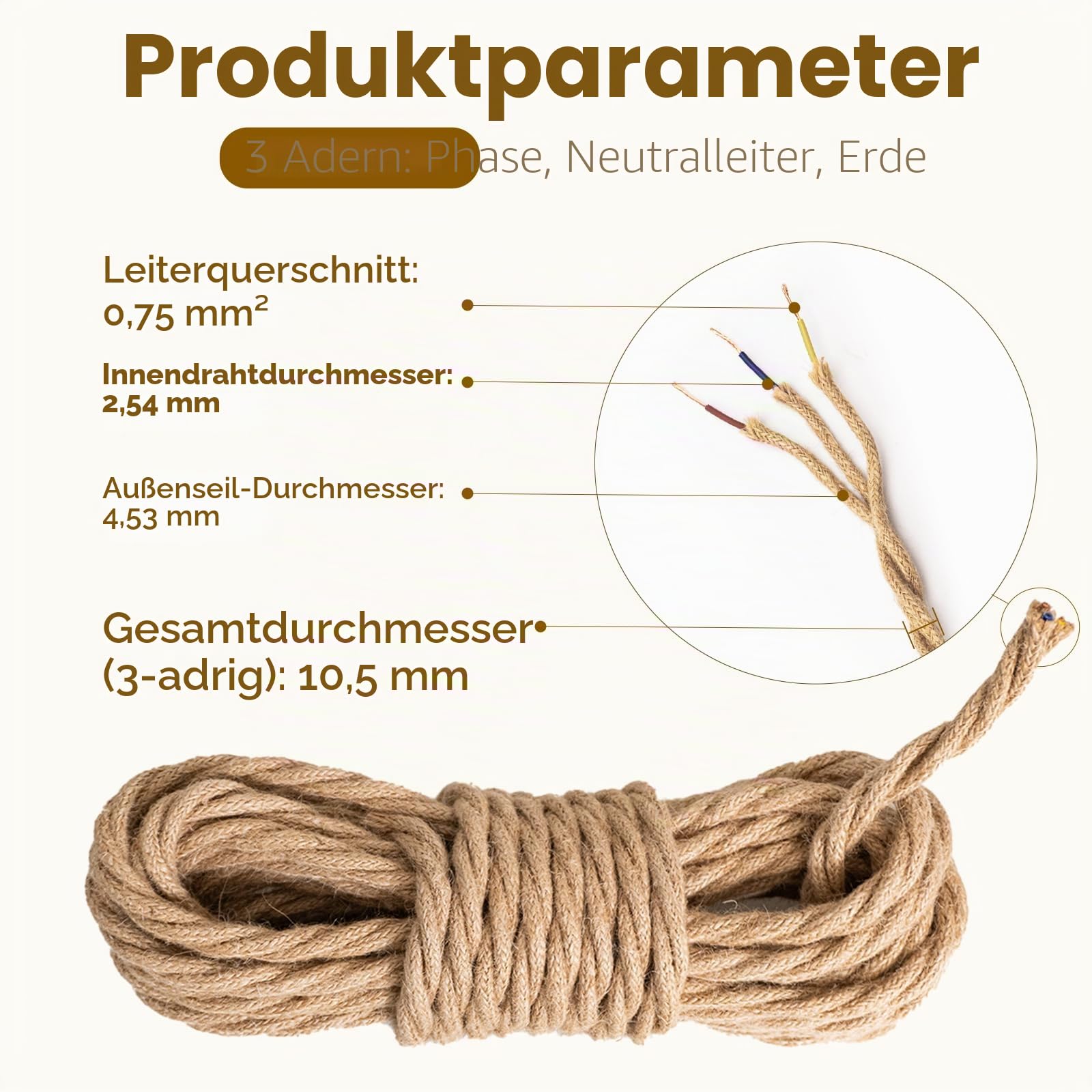 DiCUNO Textilkabel, Leinenoptik 20M, 3-adrig, Vintage, DIY, 1er Pack