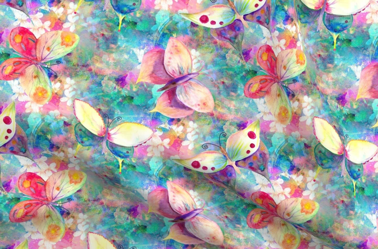 Spoonflower Fabric - Large Butterflies Flowers Turquoise Aqua Animals Floral Multicolor Printed on Organic Cotton Sateen Fabric by The Yard - Sewing Quilting Apparel Home Decor