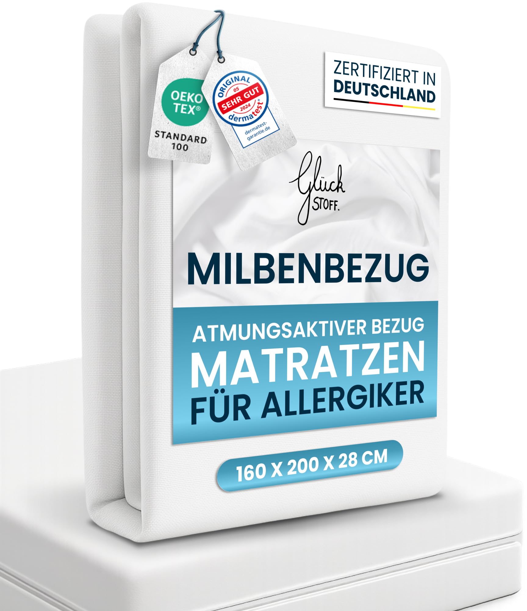 Glückstoff® Premium Milbenbezug Matratze 160x200x28 [ZERTIFIZIERT IN DEUTSCHLAND] Allergiker Bettwäsche Set Anti Milbe - Allergiker Matratzenbezug - Encasing Bettwäsche Anti Milben - Milbenschutzbezug