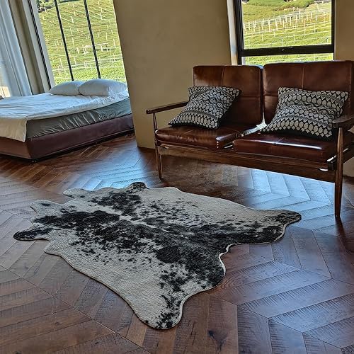 Miniatura 5 de rugoo Alfombra de piel sintética de vaca blanca y negra, 4.7 x 5.9 pies, alfombra de piel sintética de animal para sala de estar, dormitorio,