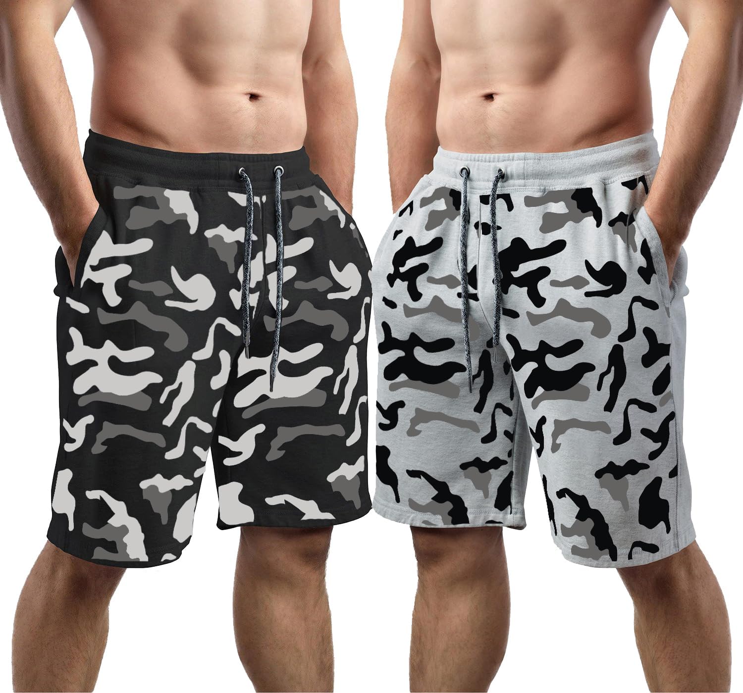 hotfitsMen's Black & Grey Cotton Regular Shorts - Workout, Gym, Running, Yoga and Sports Shorts - Camouflage Printed - Pack of 2