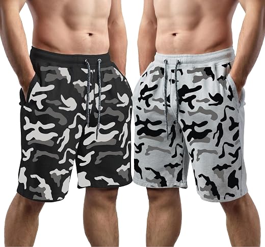 hotfits Men's Black &amp; Grey Cotton Regular Shorts - Workout, Gym, Running, Yoga and Sports Shorts - Camouflage Printed - Pa...